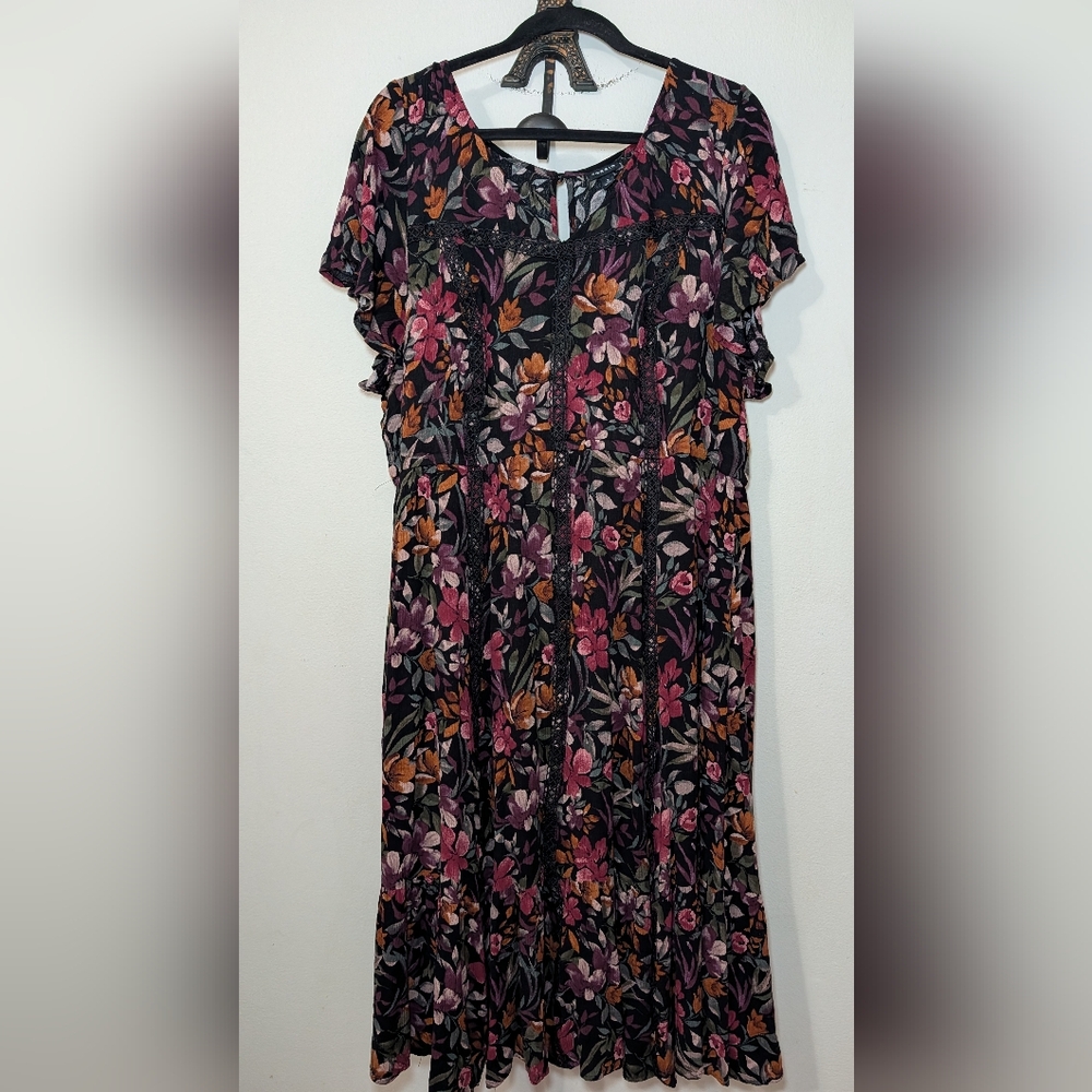 Torrid Garden Floral Midi Dress Black Pink Orange Boho Rayon Women's Size 3X